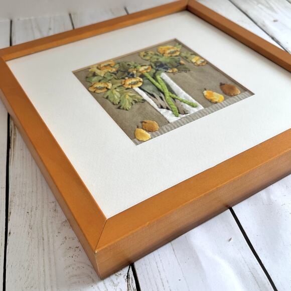 Fabric Collage by Wilda Northrop Yellow Flowers & Pear Signed Textile Art Floral - Picture 3 of 16